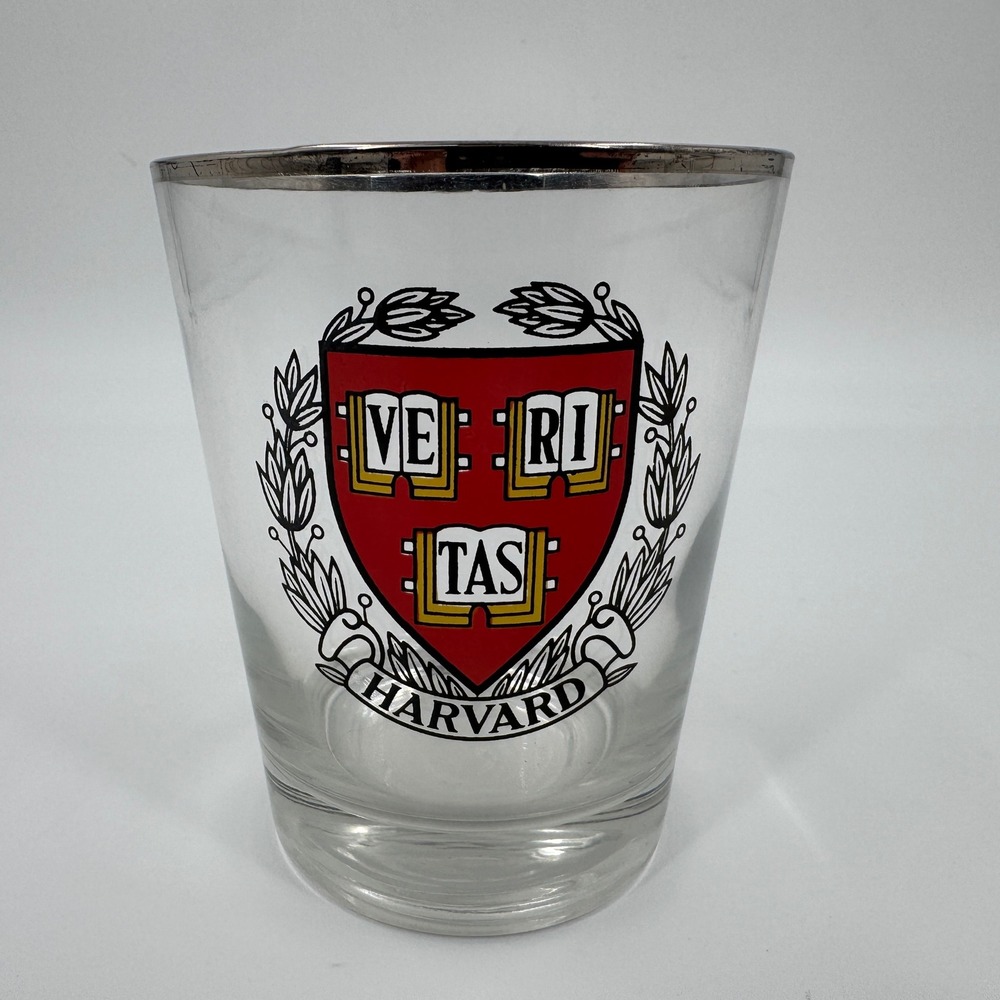 Harvard University Veritas Crest Rocks Glass Silver Rimmed Lowball Tumbler‎